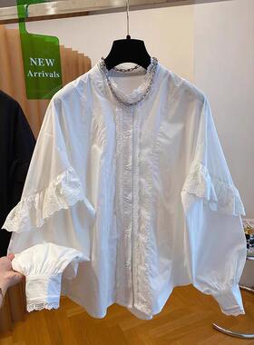 高级感法式宫廷风蕾丝花边拼接白色衬衫女2025新款灯笼袖立领上衣
