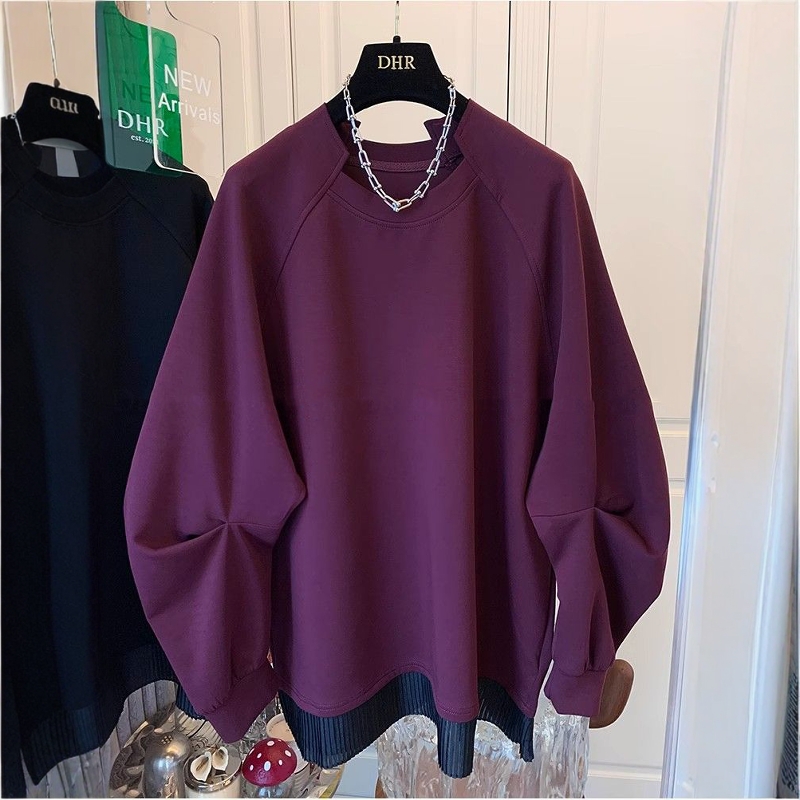 大码廓形花边假两件卫衣外套上衣