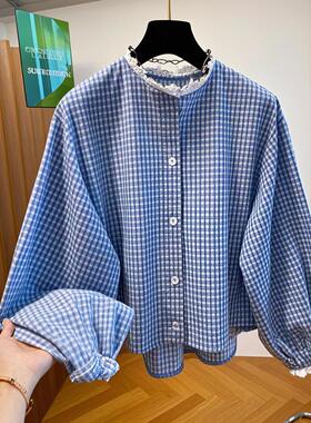 蓝色小格子女长袖衬衫女2025春新款宽松休闲百搭气质小衫短款上衣