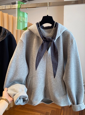 自留款推荐~灰色拉链卫衣开衫外套女早秋2025新款宽松假两件上衣