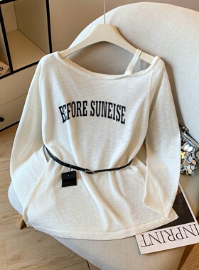 白色字母印花竹节麻t恤女长袖2025夏季新款露肩防晒罩衫休闲上衣