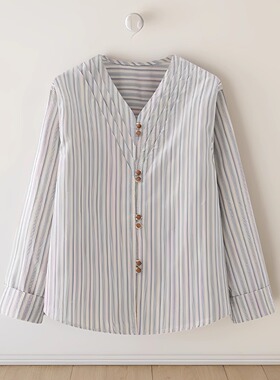 蓝色条纹褶皱V领衬衫女长袖宽松衬衣2025春秋高级感百搭显瘦上衣