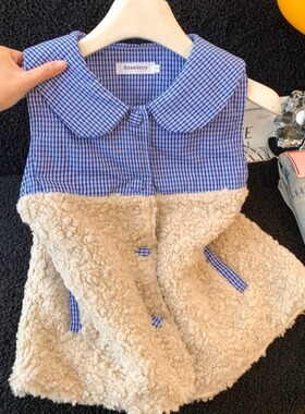 自留款推荐~ins风蓝色格子拼接羊羔毛加厚马甲女秋冬宽松无袖背心