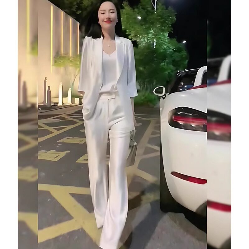 白色缎面西装套装女夏季薄款感职连衣裙