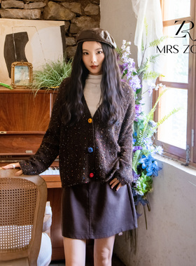 MRS ZORA佐拉韩系V领亮片彩扣针织开衫松弛宽松减龄上衣54AZZ1073