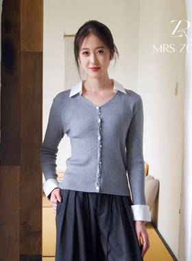 MRS ZORA佐拉灰色针织衫V领系扣带领子减龄显瘦款53BZZ1137