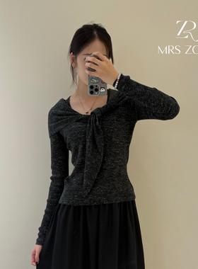 MRS ZORA佐拉百搭修身显瘦深灰色配披肩长袖针织衫上衣53CZZ1176