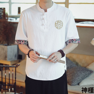 宽松刺绣复古唐装 亚麻短袖 棉麻T恤上衣 中国风男装 大码 T恤男士 夏季