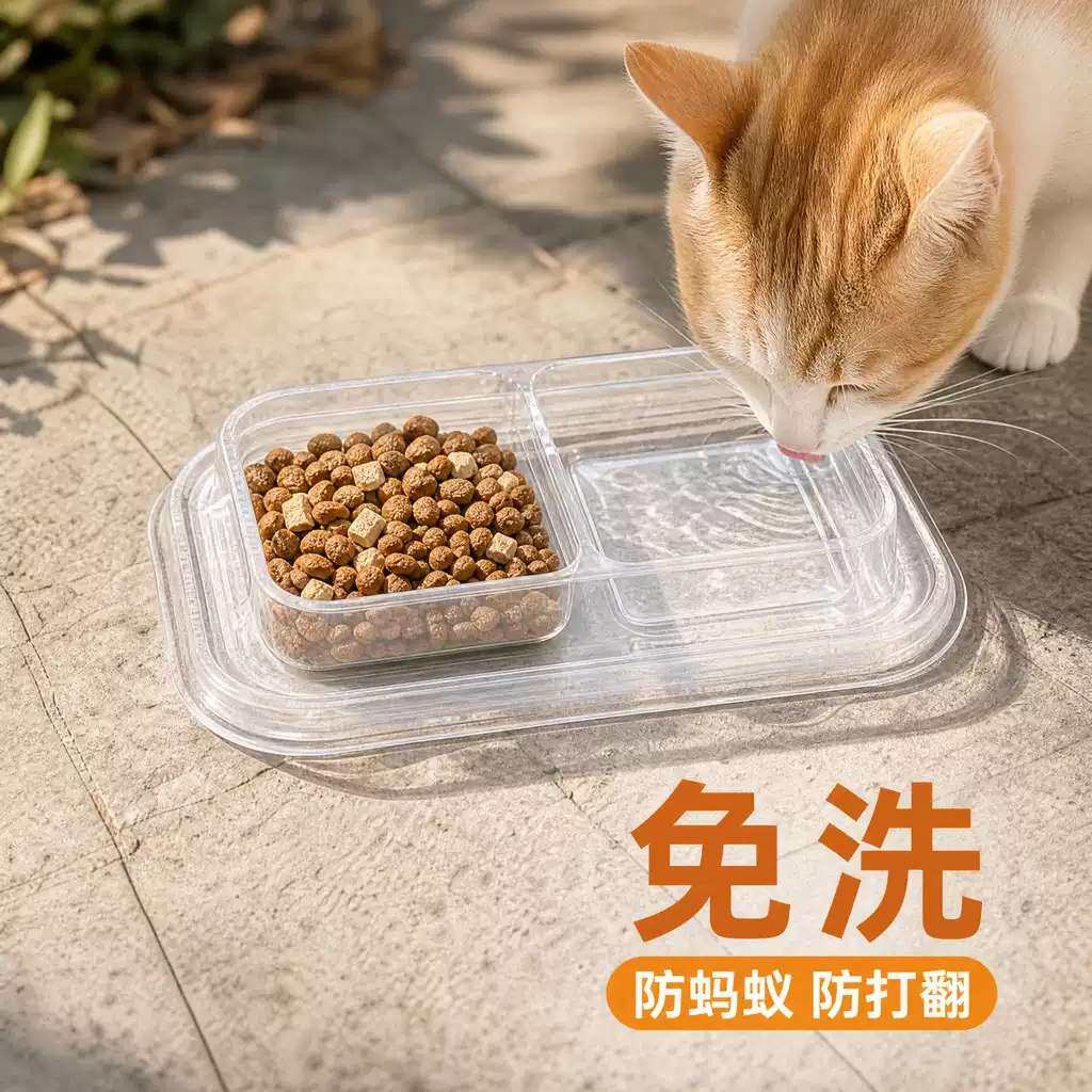 一次性猫碗塑料流浪猫投喂盒猫咪饭碗盆喝水碗二合一防蚂蚁防打翻