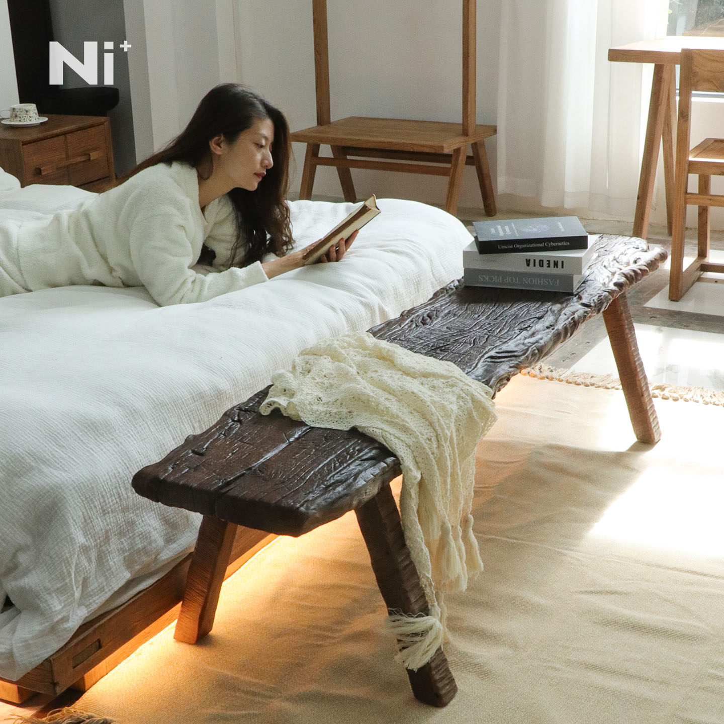 Ni尼家侘寂风卧室床尾凳中古民宿设计师玄关长条凳民宿实木换鞋凳