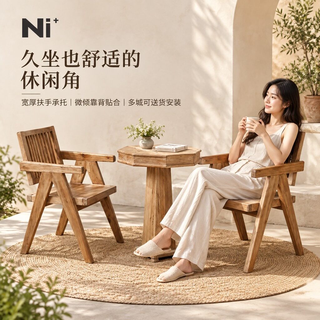 Ni+尼家托斯卡纳自然风休闲椅实木侘寂风扶手椅原木阳台餐厅椅子