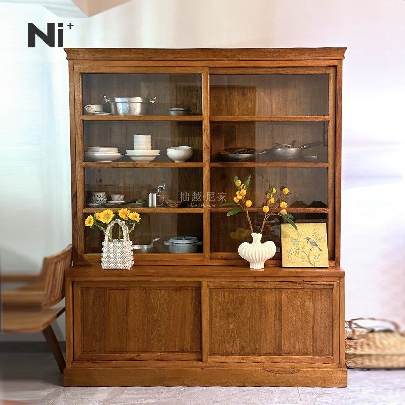 Ni尼家中古复古风餐边柜全实木靠墙一体玻璃推拉门落地组合储物柜