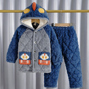 男童睡衣冬季加厚款夹棉中大童儿童法兰绒中长款套装奥特曼家居服