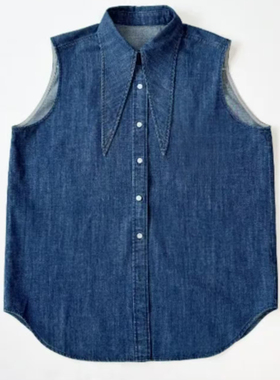 尖领设计牛仔衬衣直身款牛仔无袖衬衫时尚蓝色无袖衬衫女牛仔系带
