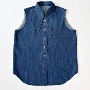 尖领设计牛仔衬衣直身款牛仔无袖衬衫时尚蓝色无袖衬衫女牛仔系带