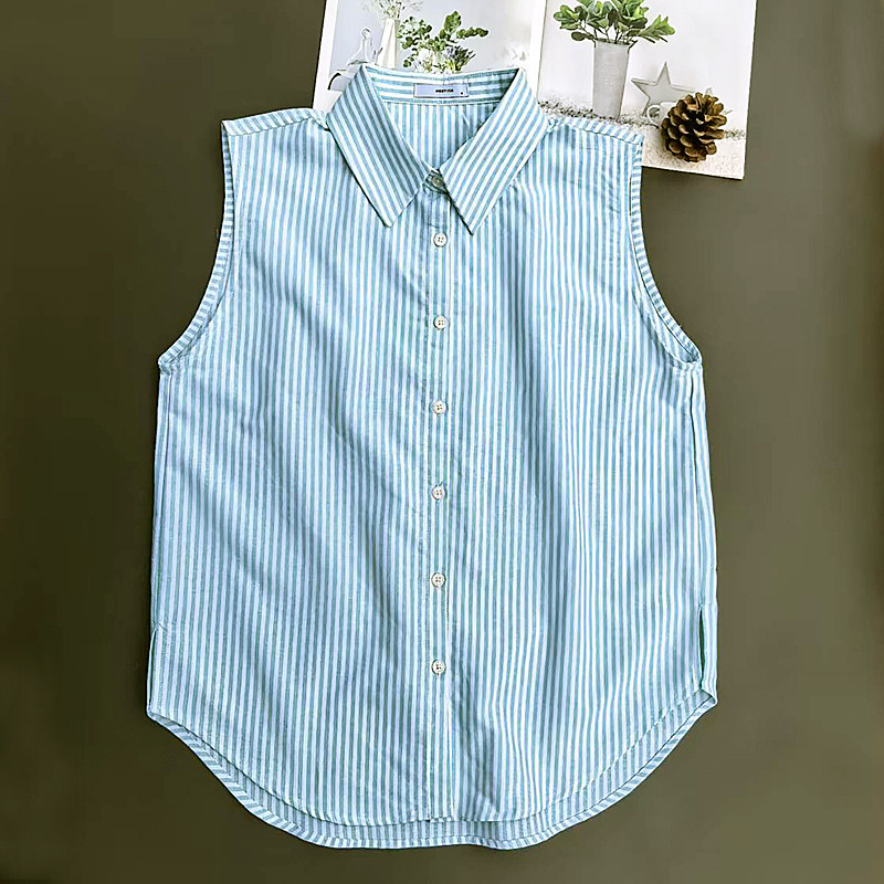 柜货软糯棉无袖衬衫衬衣条纹马甲叠穿伴侣绿白无袖背心
