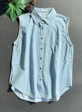 高品质！洗白牛仔无袖背心POLO领内搭叠穿衬衣男女款衬衫上衣假领