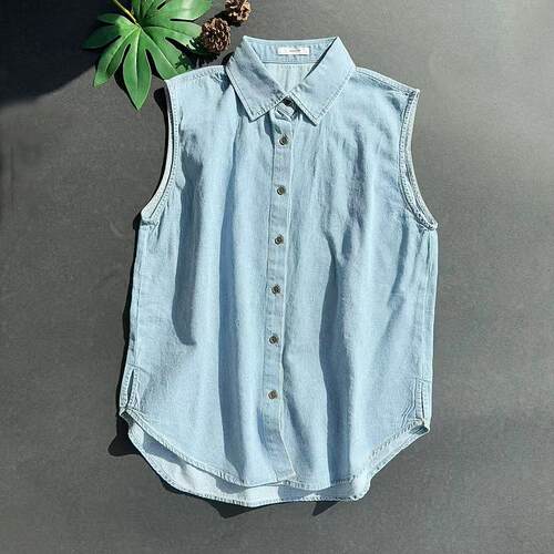高品质！洗白牛仔无袖背心POLO领内搭叠穿衬衣男女款衬衫上衣假领