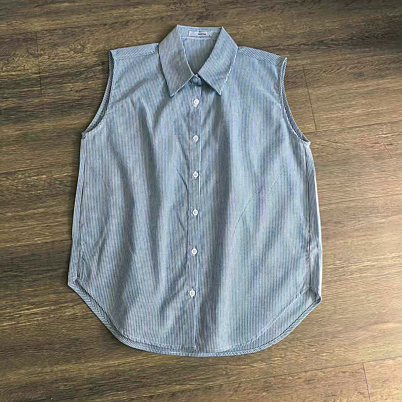 好品质！亲肤麻棉细蓝条纹叠穿衬衫女假领衬衣领无袖背心女上衣