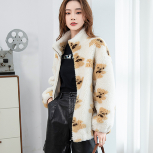 反季羊羔毛外套女海宁加厚短款韩版冬季新款毛毛白立领泰迪熊