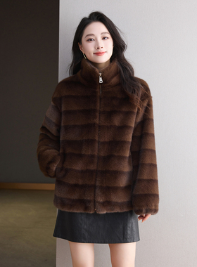 海宁皮草外套女2025新款短款毛毛环保贵气感小个子龙猫横条纹拉链