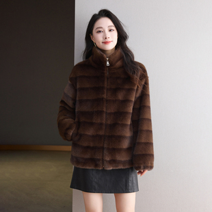 海宁皮草外套女2025新款短款毛毛环保贵气感小个子龙猫横条纹拉链
