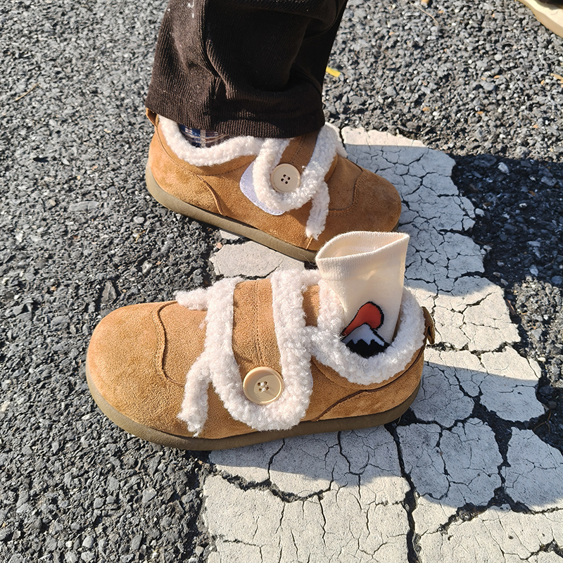 魔术贴厚底面包棉鞋女冬季加绒一脚蹬毛毛板鞋百搭保暖懒人雪地靴