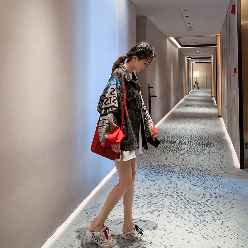 港味复古牛仔外套女2023春装新款宽松针织袖拼接潮百搭慵懒风上衣