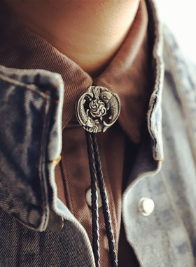 双鱼戏珠 铜质手铸雕刻波洛领带 男 皮绳BOLOTIE复古西部领绳