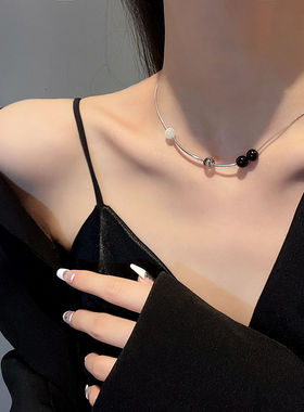 钛钢项链女黑色玉髓珠子锁骨链