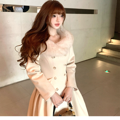 夹棉千金感收腰毛呢外套中女长款