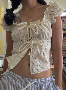 Vintage Wen美式复古提花镂空绑带背心上衣女纯欲宫廷方领短袖T恤