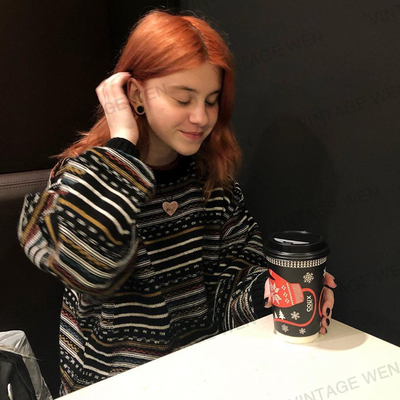 Vintage Wen 重工美式复古风古着提花套头毛衣宽松条纹针织衫上衣