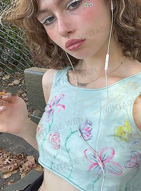 Vintage Wen美式复古蓝色设计感短款露脐辣妹吊带背心女夏季百搭