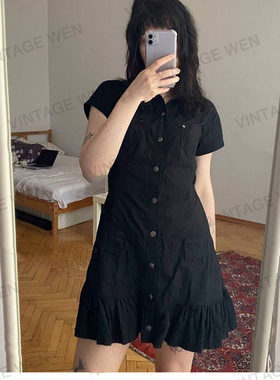 Vintage Wen 美式复古辣妹风ins修身百搭黑色短袖连衣裙个性夏