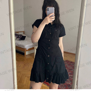 连衣裙个性 Vintage 夏 百搭黑色短袖 复古辣妹风ins修身 Wen 美式