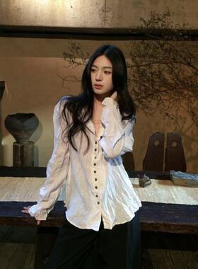 VintageWen复古白色褶皱翻领长袖衬衫女春慵懒感宽松休闲百搭上衣
