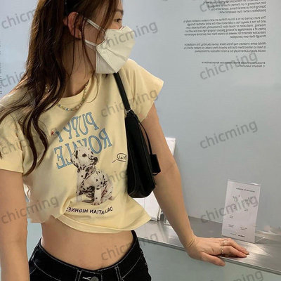 黄色斑点狗印花短袖短款T恤上衣