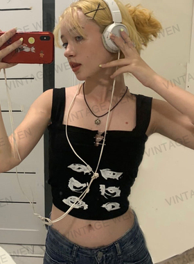 Vintage Wen美式复古黑色外穿短款印花吊带背心女夏季辣妹上衣