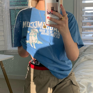 复古蓝色短袖 美式 上衣女ins潮夏宽松潮牌套头T恤禧贰 Wen Vintage