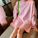 上衣百搭 Vintage Wen美式 复古粉色休闲条纹中长款 卫衣女宽松长袖