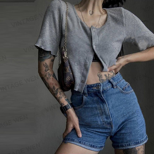 Vintage 复古灰色短款 木耳边短袖 T恤女显瘦百搭上衣简约 Wen美式
