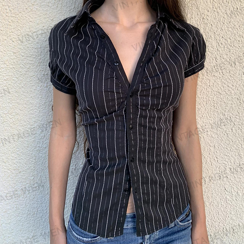 Vintage Wen美式复古条纹撞色短袖衬衫女小众Polo领排扣辣妹上衣