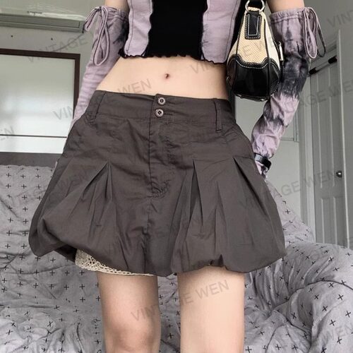 Vintage Wen美式蕾丝打底花苞短裙设计高腰显瘦褶皱a字半身裙女