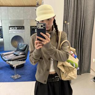 VintageWen韩国小众磨毛立领短款修身收腰利落低饱和休闲夹克外套