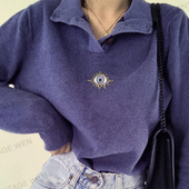 复古酱紫色刺绣翻领卫衣女潮ins春秋Polo衫 Vintage Wen美式 上衣