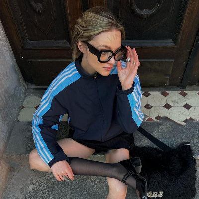 VintageWen美式复古藏蓝色立领宽松个性百搭街头休闲拉链外套女