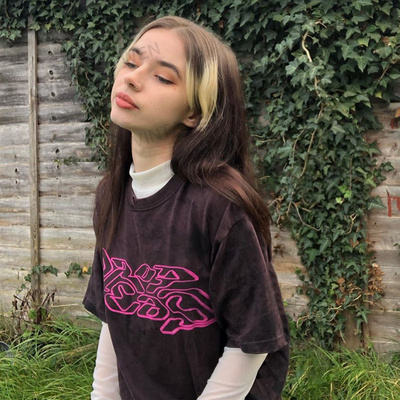 美式复古紫色印花短袖T恤ins上衣