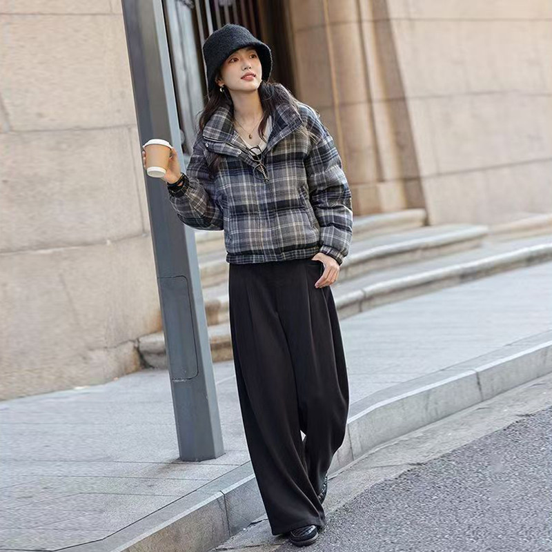 复古格纹短款加厚棉服女小个子