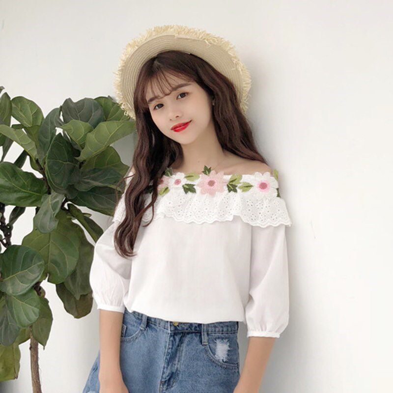 summer Korean Edition indigo plant Sweet Easy Versatile Word collar strapless Three Quarter Sleeve Flower Lotus leaf shirt Korean Editionin the Women's clothing/Boutique , Shirt  category - from Buy2taobao.com to provide professional Taobao agent buy service